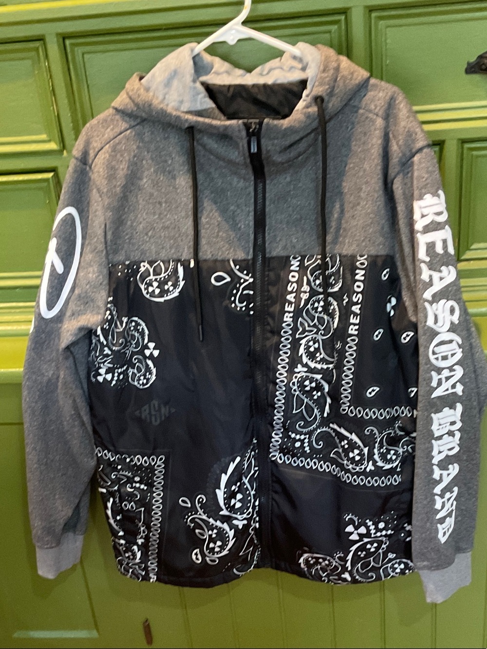 Reason Grey & Black Hooded Bandana-Panel Puffer Jacket